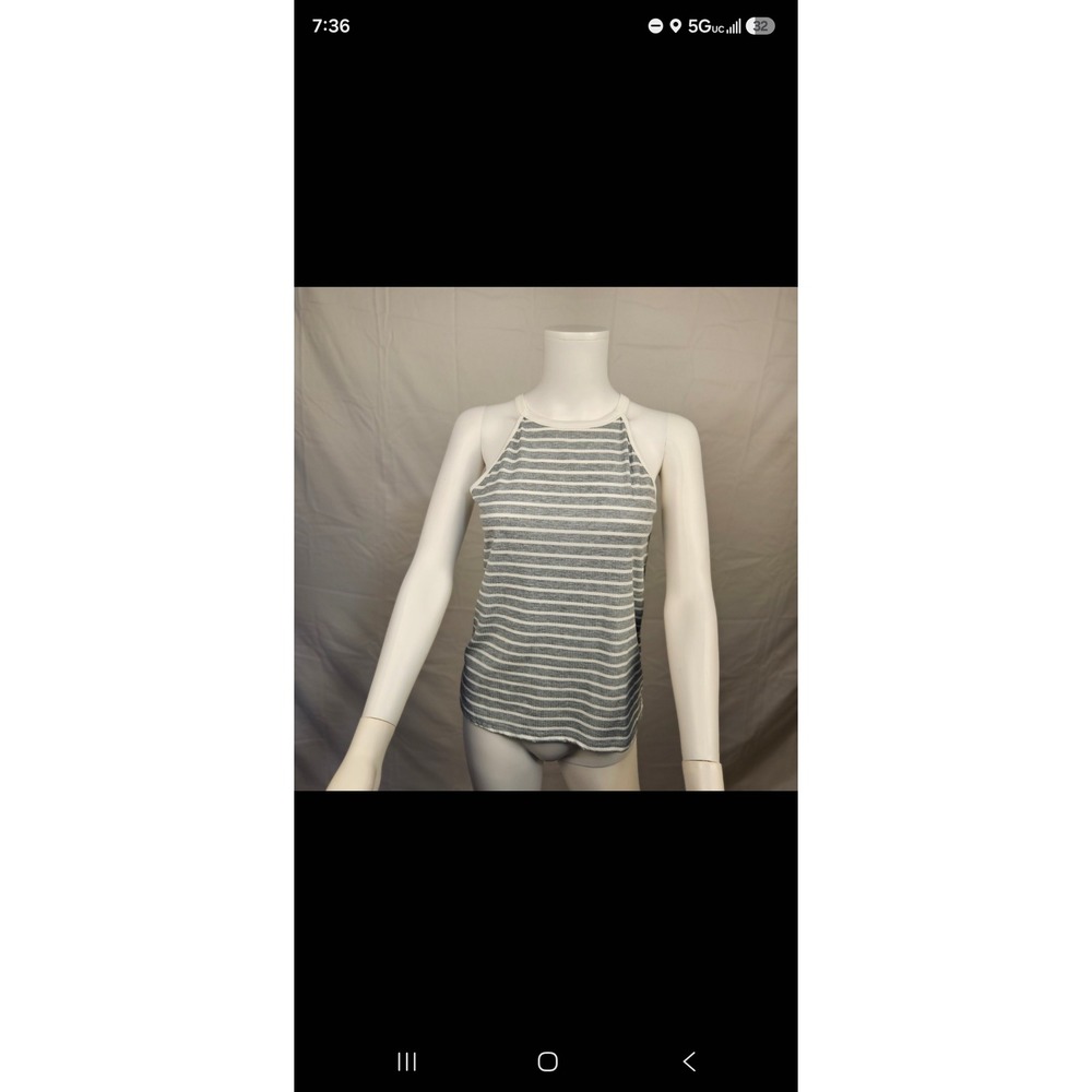 Emery Rose Grey White Striped Halter Tank Top Sleeveless Ribbed Knit Small